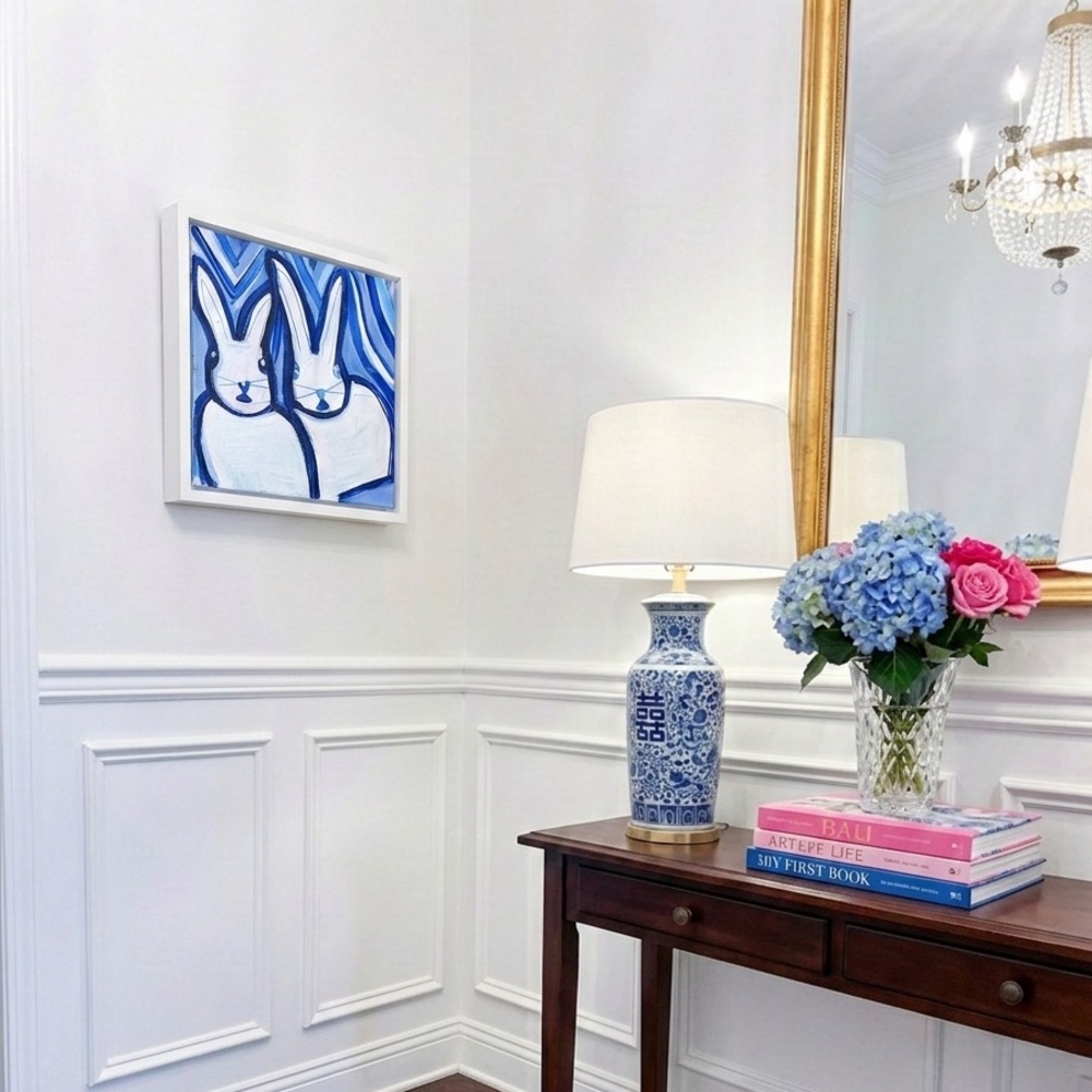 Blue Bunny Painting - Whimsical Blue & White Bunny Art